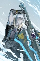 Rule 34 | 1boy, 3balkan, belt, clenched teeth, coat, colored skin, fur collar, gauntlets, grey pants, grey skin, highres, holding, holding sword, holding weapon, lanz (xenoblade), male focus, pants, red eyes, sleeveless, sleeveless coat, sword, teeth, weapon, white hair, xenoblade chronicles (series), xenoblade chronicles 3