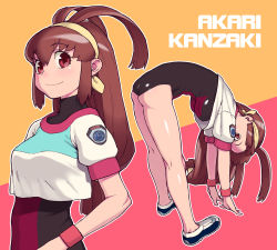 Rule 34 | 1girl, arched back, ass, battle athletes, bent over, breasts, brown hair, character name, crop top, full body, gym uniform, hair between eyes, hairband, hanging breasts, highres, hijiri rei, kanzaki akari, kneepits, leotard, long hair, looking at viewer, low-tied long hair, mechanical pencil, medium breasts, multiple views, pencil, red eyes, short sleeves, smile, stretching, sweatband, thighs, turtleneck, yellow hairband