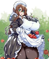 Rule 34 | 1girl, blush, breasts, brown hair, curvy, green eyes, huge breasts, long hair, maid headdress, open mouth, original, pantyhose, smile, solo, standing, thick eyebrows, thick thighs, thighs, wotecho