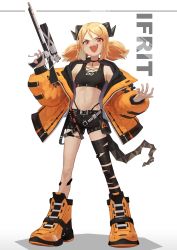 1girl absurdres alternate_costume arknights black_shorts black_sports_bra character_name choker commentary demon_girl demon_horns demon_tail explosive fang full_body grenade grin gun highres holding holding_gun holding_weapon horns ifrit_(arknights) jacket leg_wrap low_twintails material_growth medium_hair midriff navel off_shoulder open_clothes open_jacket open_mouth orange_footwear orange_jacket oripathy_lesion_(arknights) red_eyes rhine_lab_logo shadow shorts smile solo sports_bra standing tail twintails v-shaped_eyebrows weapon white_background yoon_cook