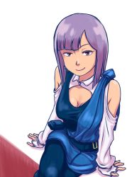 Rule 34 | 1girl, breasts, cleavage, closed mouth, commentary request, earrings, gundam, gundam zz, highres, jewelry, kamisuki, long hair, looking at viewer, purple hair, red eyes, roux louka, smile, solo