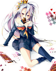 Rule 34 | 10s, 1girl, arm support, black thighhighs, card, crown, hair between eyes, long hair, looking at viewer, no game no life, off shoulder, shiro (no game no life), silver hair, solo, thighhighs, yellow eyes