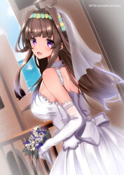 Rule 34 | 1girl, :d, absurdres, ahoge, alternate costume, blue sky, bouquet, breasts, bridal veil, brown hair, building, commentary request, dress, dutch angle, elbow gloves, flower, from side, gloves, head wreath, highres, himura moritaka, holding, holding bouquet, kantai collection, kongou (kancolle), large breasts, long hair, looking at viewer, ocean, open mouth, outdoors, purple eyes, sky, smile, solo, twitter username, veil, wedding dress, white dress, white veil