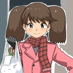 Rule 34 | 1girl, alternate costume, bag, black gloves, brown eyes, brown hair, coat, commentary request, gloves, groceries, highres, kantai collection, looking at viewer, masukuza j, pink coat, plastic bag, red scarf, ryuujou (kancolle), scarf, solo, twintails, upper body