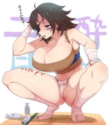Rule 34 | 1girl, bags under eyes, bandaged foot, bandaged wrist, bandages, black hair, bottle, breasts, brown eyes, character request, cleavage, copyright request, eyepatch, feet, frontal wedgie, fundoshi, huge breasts, japanese clothes, leg tattoo, medium hair, navel, okitaima, open mouth, partially visible vulva, sake bottle, sanpaku, solo, spread legs, squatting, sweatdrop, tatami, tattoo, thighs, tiptoes, toes