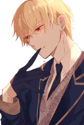 Rule 34 | 1boy, biting, black gloves, black necktie, blonde hair, collared shirt, commentary, earrings, fate/grand order, fate (series), gilgamesh (fate), glove biting, gloves, hand up, highres, jewelry, lapels, long sleeves, male focus, necktie, notched lapels, red eyes, shirt, short hair, shu (oshigoto boshuuchuu), signature, solo, stud earrings, teeth, upper body