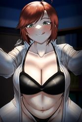 Rule 34 | 1girl, ahoge, benevolent leanne, black bra, blush, bra, breasts, brown hair, cleavage, green eyes, highres, large breasts, last origin, licking lips, looking at viewer, mature female, naughty face, navel, panties, rangrang, red hair, shiny skin, short hair, smile, solo, stomach, sweat, tongue, tongue out, underwear