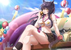 1girl absurdres animal_ears bandaged_arm bandages bare_arms bare_legs bare_shoulders black_gloves black_hair black_skirt blue_sky breasts chest_sarashi commentary_request crop_top cup day disposable_cup feet_out_of_frame food gloves hand_up highres holding holding_food horse_ears large_breasts long_hair looking_at_viewer midriff miniskirt narita_brian_(umamusume) navel open_mouth outdoors sarashi shinonome_(shinonome_rynn) shirt single_glove skirt sky sleeveless sleeveless_shirt solo standing star_(symbol) star_print stomach tail thighs umamusume white_shirt yellow_eyes