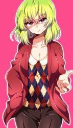 Rule 34 | 1girl, bad id, bad twitter id, breasts, cleavage, green hair, hair between eyes, hand in pocket, highres, large breasts, looking at viewer, miyabi mahore, natsu hotaru, original, parted lips, pink background, red eyes, shaded face, short hair, simple background, solo, standing