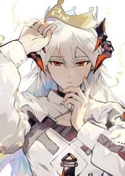 Rule 34 | 1girl, absurdres, arknights, c-i, coat, commentary, dragon horns, english commentary, grey hair, hair between eyes, highres, horns, long hair, long sleeves, looking at viewer, orange eyes, paper crown, parted lips, saria (arknights), solo, white coat