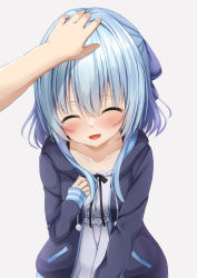 Rule 34 | 1girl, :d, absurdres, black jacket, black ribbon, blue hair, blush, closed eyes, collarbone, dress, facing viewer, hair between eyes, hair intakes, hair ribbon, hamidashi creative, hand on another&#039;s head, headpat, highres, jacket, light blue hair, long sleeves, medium hair, nishiki asumi, open clothes, open jacket, open mouth, pov, pov hands, pxz (ansony9898), ribbon, shiny skin, simple background, smile, solo focus, sundress, white dress
