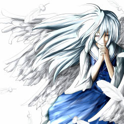 Rule 34 | 1girl, angel wings, ao-shiba, feathers, long hair, multiple wings, red eyes, sariel (touhou), seraph, silver hair, solo, steepled fingers, touhou, touhou (pc-98), wings
