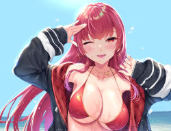 Rule 34 | 1girl, ;d, bare shoulders, beach, bikini, blue sky, blush, breasts, cleavage, cloud, commentary request, day, earrings, fangs, highres, hololive, houshou marine, houshou marine (summer), jacket, jewelry, large breasts, long hair, long sleeves, looking at viewer, mushi024, necklace, off shoulder, one eye closed, open clothes, open jacket, open mouth, outdoors, red bikini, red eyes, red hair, sky, smile, solo, standing, swimsuit, tongue, tongue out, twintails, virtual youtuber, water, wet