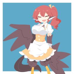 Rule 34 | 1girl, animal ears, apron, big o pants, bird ears, bird legs, bird tail, black feathers, black wings, blue background, blush stickers, bow, breasts, closed eyes, commentary request, dress, feathers, fio-chan (big o pants), hair between eyes, harpy, highres, large breasts, long hair, monster girl, open mouth, original, red eyes, red hair, side ponytail, solo, tail, waist apron, waitress, winged arms, wings, yellow bow, yellow dress