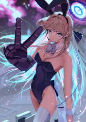 Rule 34 | 1girl, animal ears, aqua bow, aqua bowtie, blonde hair, blue archive, blue bow, blue eyes, blue leotard, bow, bowtie, breasts, closed mouth, collarbone, detached collar, earpiece, fake animal ears, floating hair, gloves, gun, hair over shoulder, halo, hand up, highleg, highleg leotard, highres, holding, holding gun, holding weapon, leotard, mechanical gloves, medium breasts, off shoulder, official alternate costume, pi (p77777778), playboy bunny, rabbit ears, solo, strapless, strapless leotard, thighhighs, toki (blue archive), toki (bunny) (blue archive), v, weapon, white thighhighs
