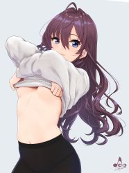 Rule 34 | 1girl, :3, ahoge, artist logo, artist name, black panties, black pantyhose, blue eyes, blush, breasts, brown hair, closed mouth, clothes lift, grey background, hair between eyes, highres, ichinose shiki, idolmaster, idolmaster cinderella girls, infinote, lifting own clothes, lips, long hair, long sleeves, looking at viewer, medium breasts, navel, no bra, no pants, panties, panties under pantyhose, pantyhose, ribbed sweater, simple background, skindentation, smile, solo, standing, stomach, string panties, sweater, sweater lift, underboob, underwear, undressing, very long hair, wavy hair, white sweater