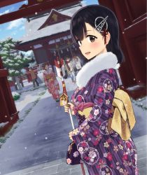 Rule 34 | 1girl, ac 107, alternate costume, arrow (projectile), black hair, blush, breath, brown eyes, dutch angle, fur trim, haguro (kancolle), hair ornament, hairpin, hamaya, japanese clothes, kantai collection, kimono, long sleeves, looking at viewer, looking back, new year, obi, open mouth, sash, short hair, smile, snow, snowing, solo focus, torii, wide sleeves