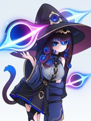 Rule 34 | 1girl, bare shoulders, black bow, black eyes, black headwear, black hole, black skirt, black tunic, blue bow, blue bowtie, blue hair, blue jacket, blue pupils, blue robe, bow, bowtie, breasts, cat tail, dress, grey dress, hair between eyes, hair over one eye, hat, highres, hood, jacket, large breasts, large hat, leaning forward, looking at viewer, magic, medium hair, multicolored hair, off shoulder, original, pantyhose, purple hair, robe, skirt, solo, squeaky (artist), staring, streaked hair, tail, torn clothes, torn pantyhose, tunic, white background, witch, witch hat
