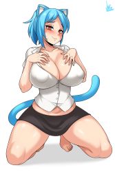 Rule 34 | 1girl, absurdres, animal ears, barefoot, black skirt, blue hair, blue tail, blush, breasts, cat ears, cat tail, cleavage, covered erect nipples, facial mark, hand on own chest, highres, humanization, jmg, kneeling, large breasts, looking at viewer, mature female, nicole watterson, nipples, polo shirt, red eyes, short hair, skirt, smile, solo, tail, the amazing world of gumball, thighs, underwear, whisker markings, white background