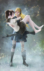 Rule 34 | 2girls, arms around neck, arms up, bad id, bad pixiv id, barefoot, black footwear, black hair, black sailor collar, black skirt, black socks, blonde hair, blue sailor collar, carrying, closed mouth, commentary, full body, gun, headset, highres, kneehighs, language request, leg holster, lips, loafers, long hair, long sleeves, looking at another, multiple girls, nail polish, neck ribbon, nose, original, pink nails, pleated skirt, ponytail, princess carry, profile, red ribbon, ribbon, rifle, sailor collar, school uniform, serafuku, shirt, shoes, skirt, socks, weapon, white shirt, xianggang jizhe