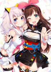 Rule 34 | 2girls, :d, black dress, blue eyes, breasts, brown hair, cleavage, cleavage cutout, clothing cutout, commentary request, cosplay, costume switch, cowboy shot, detached sleeves, dress, fingernails, grin, hands up, heart, highres, kaguya luna, kaguya luna (character), kaguya luna (character) (cosplay), kizuna ai, kizuna ai (cosplay), kizuna ai inc., lace, lace-trimmed legwear, lace trim, large breasts, long hair, long sleeves, mika pikazo, multicolored hair, multiple girls, navel, obi, one eye closed, open mouth, pink hair, red legwear, round teeth, sash, shirt, short dress, short shorts, shorts, silver hair, sleeveless, sleeveless dress, sleeveless shirt, sleeves past wrists, smile, star (symbol), streaked hair, teeth, the moon studio, thighhighs, twintails, upper teeth only, v, v-shaped eyebrows, very long hair, virtual youtuber, white legwear, white shirt, white shorts