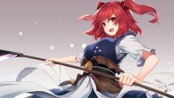 Rule 34 | 1girl, :d, asutora, blouse, gradient background, grey background, hair between eyes, hair bobbles, hair ornament, head tilt, holding, holding scythe, onozuka komachi, open mouth, red eyes, red hair, scythe, shirt, short hair, short sleeves, smile, solo, touhou, twintails, two side up, white shirt