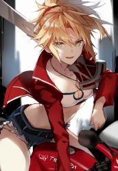 Rule 34 | 1girl, bad id, bad twitter id, blonde hair, blurry, blurry background, braid, breasts, clarent (fate), cleavage, commentary, crop top, cutoffs, day, denim, denim shorts, fate/grand order, fate (series), french braid, green eyes, hair between eyes, hair ornament, hair scrunchie, holding, holding sword, holding weapon, jacket, jewelry, mordred (fate), mordred (fate/apocrypha), mordred (memories at trifas) (fate), motor vehicle, motorcycle, necklace, open mouth, outdoors, red jacket, red scrunchie, scrunchie, short shorts, shorts, sirobbmog, solo, sword, weapon