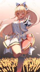 Rule 34 | 1girl, alternate costume, blonde hair, breasts, commentary request, dark-skinned female, dark skin, hair ornament, hair ribbon, highres, hololive, inre kemomimi, leg up, long hair, one eye closed, open mouth, pointing, pointing at viewer, ponytail, red eyes, ribbon, shiranui flare, stage, virtual youtuber