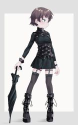Rule 34 | 1girl, absurdres, bad id, bad twitter id, black thighhighs, boots, corset, expressionless, female focus, full body, garter straps, gishiki (gshk), goth fashion, gothic fashion, grey thighhighs, highres, holding, holding umbrella, looking to the side, original, pleated skirt, short hair, skirt, solo, standing, thighhighs, umbrella, white background