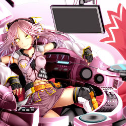 Rule 34 | 1girl, detached sleeves, fingerless gloves, gloves, hair ornament, hairclip, headphones, kazetto, looking at viewer, midriff, navel, original, pink hair, sitting, skirt, smile, solo, yellow eyes