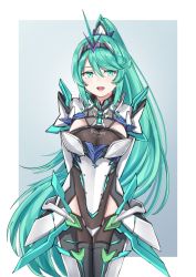 Rule 34 | 1girl, :d, arms behind back, blush, breasts, chest jewel, green eyes, green hair, grey background, highres, large breasts, long hair, open mouth, pneuma (xenoblade), ponytail, sarasadou dan, smile, solo, spoilers, swept bangs, tiara, very long hair, white background, xenoblade chronicles (series), xenoblade chronicles 2