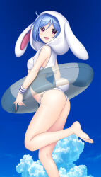 Rule 34 | 1girl, animal ears, animal hood, ass, back, barefoot, bikini, blue hair, blue sky, blush, breasts, cloud, commentary request, cowlick, day, floppy ears, foot out of frame, hair between eyes, hataraki kuma, highres, holding, holding swim ring, hood, hood up, innertube, looking at viewer, looking to the side, medium bangs, open mouth, outdoors, rabbit ears, rabbit hood, rabbit tail, red eyes, reisen (touhou bougetsushou), short hair, sky, small breasts, smile, soles, solo, striped innertube, swim ring, swimsuit, tail, thighs, toes, touhou, white bikini, white hood