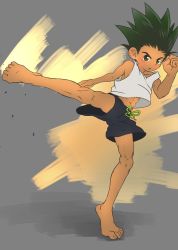Rule 34 | 1boy, abs, absurdres, artist request, barefoot, gon freecss, green hair, highres, hunter x hunter, kicking, looking at viewer, male focus, muscular, muscular male, navel, short hair, shorts, solo, solo focus, spiked hair, tank top, white tank top