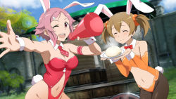 Rule 34 | 10s, 2girls, absurdres, animal ears, baozi, black legwear, breasts, brown hair, cleavage, closed eyes, day, fake animal ears, flat chest, food, game cg, hair ornament, highres, leotard, lisbeth (sao), medium breasts, midriff, multiple girls, navel, necktie, one eye closed, open mouth, outdoors, pantyhose, pink hair, plate, playboy bunny, rabbit ears, red eyes, red necktie, short hair, short necktie, short twintails, silica, smile, strapless, sword art online, sword art online: hollow realization, twintails