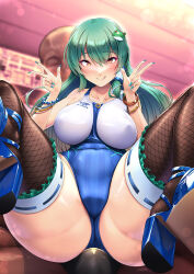 Rule 34 | 1boy, 1girl, black thighhighs, blue one-piece swimsuit, breasts, bulge, commentary request, commission, competition swimsuit, fishnet thighhighs, fishnets, frog hair ornament, green eyes, green hair, green nails, hair ornament, hair tubes, hassen (8cm), highres, jewelry, kochiya sanae, large breasts, long hair, multicolored clothes, multicolored swimsuit, nail polish, necklace, one-piece swimsuit, single sidelock, sitting, skeb commission, snake hair ornament, striped clothes, striped one-piece swimsuit, swimsuit, thighhighs, touhou