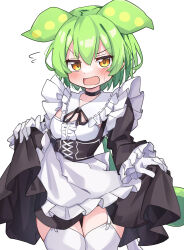 Rule 34 | 1girl, alternate costume, apron, black choker, black dress, black ribbon, blush, breasts, choker, commentary request, cowboy shot, curtsey, dress, enmaided, frilled apron, frilled dress, frilled shirt collar, frilled sleeves, frills, garter straps, gloves, green hair, highres, kurogane vipers, long hair, looking at viewer, low ponytail, maid, medium bangs, neck ribbon, open mouth, pea pod, pinafore dress, ribbon, ribbon-trimmed collar, ribbon trim, simple background, sleeveless, sleeveless dress, small breasts, solo, thighhighs, v-shaped eyebrows, voicevox, waist apron, white apron, white background, white gloves, white thighhighs, yellow eyes, zundamon