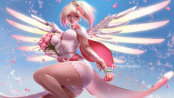 Rule 34 | 1girl, adapted costume, alternate costume, blonde hair, blue eyes, blue sky, bodice, breasts, cape, cleavage, commentary, cowboy shot, day, flower, from below, glowing, glowing wings, gradient hair, hair flower, hair ornament, halo, headgear, holding, holding flower, lipstick, looking at viewer, makeup, mechanical halo, mechanical wings, medium breasts, mercy (overwatch), multicolored hair, nail polish, nose, olchas, outdoors, overwatch, overwatch 1, pelvic curtain, peony (flower), petals, pink flower, pink hair, pink lips, pink rose, ponytail, rose, signature, sky, sleeveless, smile, solo, spread wings, teeth, thighhighs, turtleneck, watermark, web address, wings, yellow wings