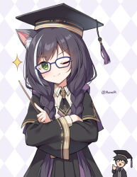 Rule 34 | 1boy, 1girl, ;), animal ear fluff, animal ears, argyle, argyle background, argyle clothes, black capelet, black hair, black headwear, black robe, blue-framed eyewear, blush, braid, capelet, cat ears, closed mouth, collared shirt, commentary request, glasses, green eyes, hat, holding, holding wand, karyl (princess connect!), karyl (transfer student) (princess connect!), long hair, long sleeves, looking at viewer, low twintails, mauve, mortarboard, multicolored hair, one eye closed, open clothes, open robe, princess connect!, robe, shirt, smile, smug, sparkle, streaked hair, thumbs up, tilted headwear, twin braids, twintails, twitter username, v-shaped eyebrows, very long hair, wand, white hair, white shirt, wide sleeves, yuuki (princess connect!)