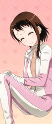 Rule 34 | 10s, 1girl, bodysuit, breasts, brown hair, cleavage, collarbone, closed eyes, gloves, nisekoi, onodera kosaki, own hands together, short hair with long locks, sidelocks, small breasts, smile, solo, unzipped, white gloves