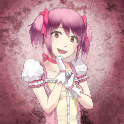 Rule 34 | 10s, 1girl, bad id, bad pixiv id, bow, choker, gloves, gradient background, hair bow, highres, kaname madoka, magical girl, mahou shoujo madoka magica, mahou shoujo madoka magica (anime), mob3, pink eyes, pink hair, puffy sleeves, short hair, short twintails, solo, twintails, white gloves
