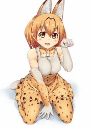 Rule 34 | 1girl, animal ears, blonde hair, bow, bowtie, breasts, kemono friends, medium breasts, open mouth, rixch, serval (kemono friends), short hair, simple background, sitting, solo, teeth, yellow eyes