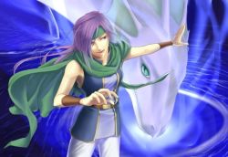 Rule 34 | 1990s (style), androgynous, belt, cape, dragon, faris scherwiz, female focus, final fantasy, final fantasy v, gender request, green eyes, headband, long hair, open mouth, outstretched arm, pants, purple hair, reverse trap, siblings, syldra, water, wristband, yau, yuzelhu