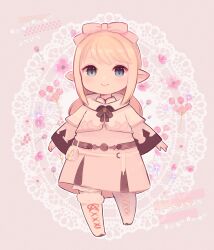 Rule 34 | 1girl, absurdres, belt pouch, blonde hair, blue eyes, capelet, closed mouth, cross-laced footwear, dress, final fantasy, final fantasy xiv, floral background, full body, hair ribbon, highres, konatsu miyu, lalafell, light blush, long bangs, long hair, nail polish, pink ribbon, pointy ears, pouch, ribbon, smile, solo, warrior of light (ff14), white capelet, white dress, white footwear