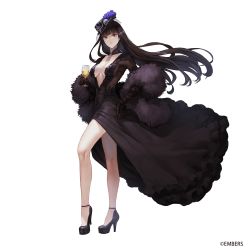 Rule 34 | ash arms, black dress, black footwear, black hair, blue eyes, brown gloves, closed mouth, contrapposto, cup, dress, feather boa, floating hair, full body, gloves, hat, high heels, highres, holding, holding cup, kaoming, looking at viewer, plunging neckline, shoes, simple background, smile, white background