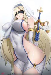 Rule 34 | 10s, 1girl, artist logo, artist name, black blindfold, blindfold, blonde hair, breasts, cloak, cyicheng, detached sleeves, dress, female focus, goblin slayer!, gradient background, highres, hip vent, holding, holding sword, holding weapon, large breasts, long hair, narrow waist, revealing clothes, skin tight, solo, standing, swept bangs, sword, sword maiden, thighs, veil, very long hair, weapon, white cloak, white dress