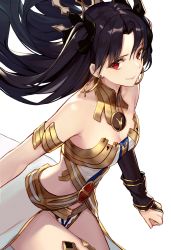 Rule 34 | 1girl, absurdres, armlet, black hair, black ribbon, closed mouth, detached sleeves, dress, earrings, fate/grand order, fate (series), grey headwear, hair ribbon, highres, hoop earrings, ishtar (fate), jewelry, leaning forward, long hair, looking at viewer, neck ring, parted bangs, red eyes, ribbon, simple background, single detached sleeve, single thighhigh, smile, solo, standing, strapless, strapless dress, texture, thighhighs, tiara, two side up, white background, white dress, yohaku