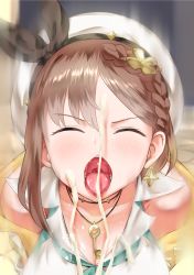 Rule 34 | 1girl, absurdres, atelier (series), atelier ryza, atelier ryza 2, ayanakitori, bad id, bad pixiv id, bare shoulders, blue neckerchief, blush, braid, breasts, brown hair, cleavage, closed eyes, collarbone, cum, ejaculation, female focus, french braid, hair between eyes, hair ornament, hairclip, hat, highres, jewelry, key, key necklace, large breasts, looking at viewer, motion blur, mouth focus, neckerchief, necklace, open mouth, oral invitation, reisalin stout, shirt, solo, teeth, tongue, tongue out, upper body, uvula, white hat, white shirt