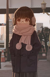 Rule 34 | 1girl, bare tree, black-framed eyewear, black jacket, black skirt, blunt bangs, blush, brown eyes, brown hair, commentary request, covered mouth, earmuffs, enpera, glasses, hands in pockets, jacket, lamppost, long sleeves, looking away, mimikaki (men bow), original, outdoors, pleated skirt, scarf, skirt, solo, traffic cone, traffic light, tree, white scarf