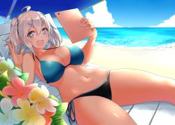 Rule 34 | 1girl, :d, absurdres, ahoge, bad id, bad pixiv id, bare arms, bare shoulders, beach, beach umbrella, bikini, black bikini, blue bikini, blue eyes, blue ribbon, blue sky, breasts, chair, cleavage, cloud, collarbone, commentary request, day, fingernails, flower, grey hair, hair between eyes, hands up, highres, holding, horizon, large breasts, leaf, litty, long fingernails, long hair, looking at viewer, lounge chair, lying, mismatched bikini, navel, ocean, on back, open mouth, original, outdoors, pink flower, ribbon, shiny skin, side-tie bikini bottom, sky, smile, solo, star-shaped pupils, star (symbol), stomach, string bikini, sunlight, suruga (xsurugax), swimsuit, symbol-shaped pupils, tablet pc, thick eyebrows, thighs, twintails, umbrella, v-shaped eyebrows, water, white flower, yellow flower