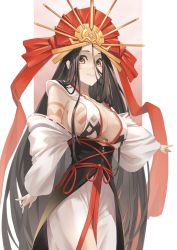 Rule 34 | 1girl, absurdres, arm tattoo, black hair, breast tattoo, breasts, brown eyes, cleavage, crown, detached sleeves, facial mark, fate/grand order, fate (series), hair between eyes, highres, himiko (fate), himiko (third ascension) (fate), japanese clothes, kimono, large breasts, long hair, looking at viewer, red ribbon, ribbon, sideboob, smile, solo, tattoo, very long hair, yueyue no hand